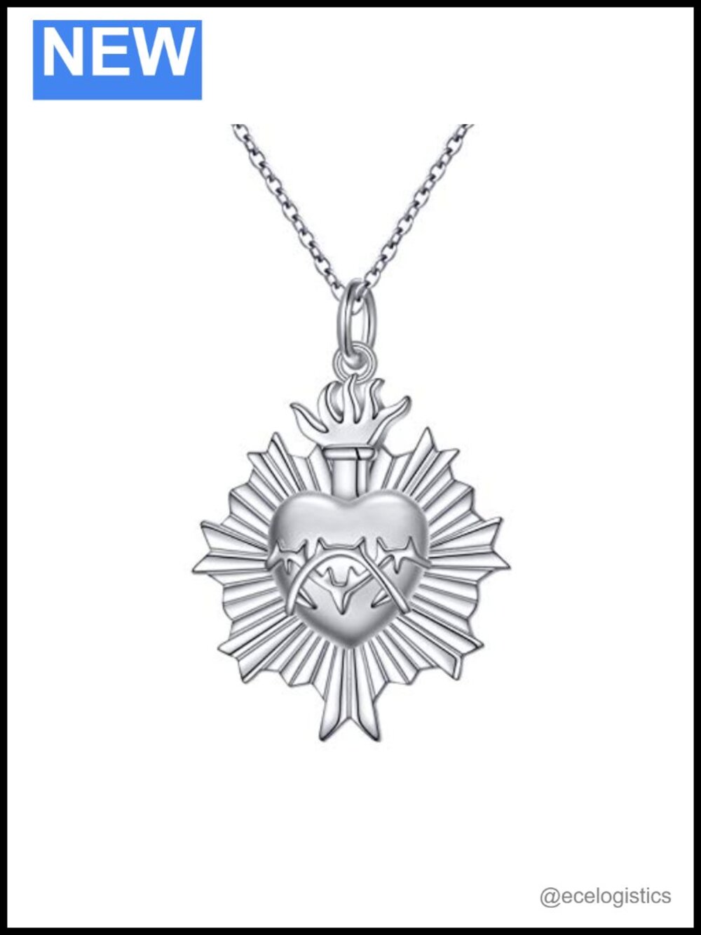 S925 Sterling Silver Flaming Sacred Heart Pendant Necklace Catholic Charm